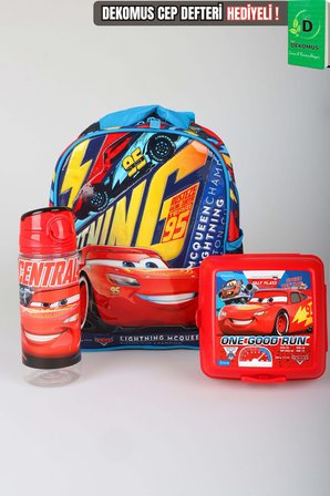x Dekomus Lisanslı Cars Brick Champion's Colleciton 32 Cm Tek Bölmeli Küçük Boy Anaokul Çantası,Beslenme Kabı,Matara Seti