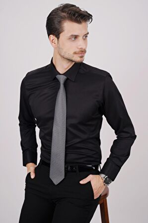 Gömlek Kravat Seti ( sunda Siyah Gri Desenli Kravat & Siyah Armür Slimfit Gömlek)