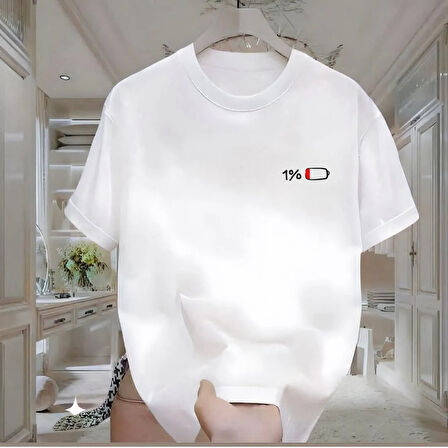 %1 Baskılı Beyaz Oversize Erkek Tshirt