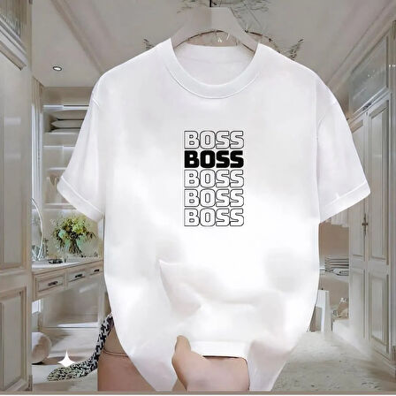 Boss Baskılı Beyaz Oversize Erkek Tshirt