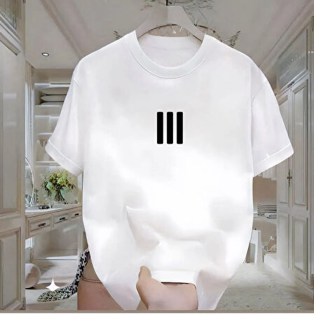3 Çizgi Baskılı Beyaz Oversize Erkek Tshirt