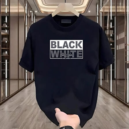 Black White Baskılı Siyah Oversize Erkek Tshirt