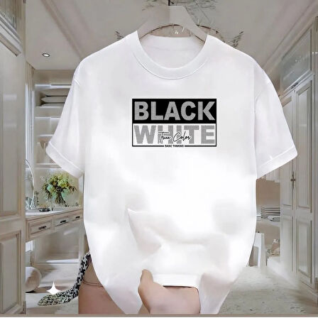 Black White Baskılı Beyaz Oversize Erkek Tshirt