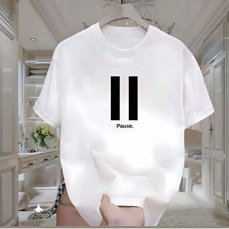 Pause Baskılı Beyaz Oversize Erkek Tshirt