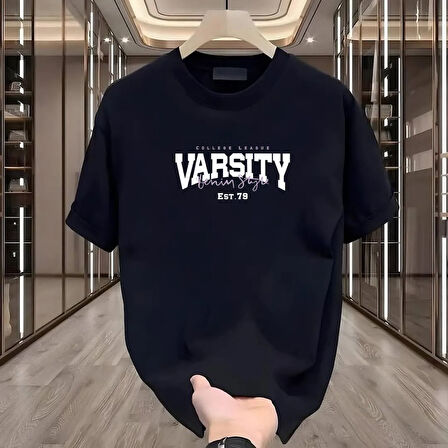 Varsity Baskılı Siyah Oversize Erkek Tshirt