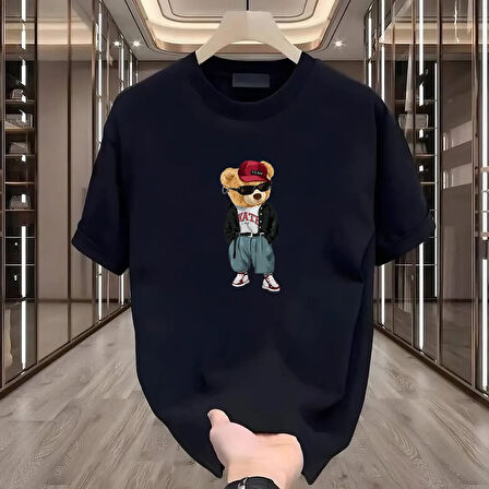 Skate Bear Baskılı Siyah Oversize Erkek Tshirt