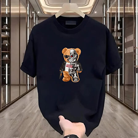 Robot Bear Baskılı Siyah Oversize Erkek Tshirt