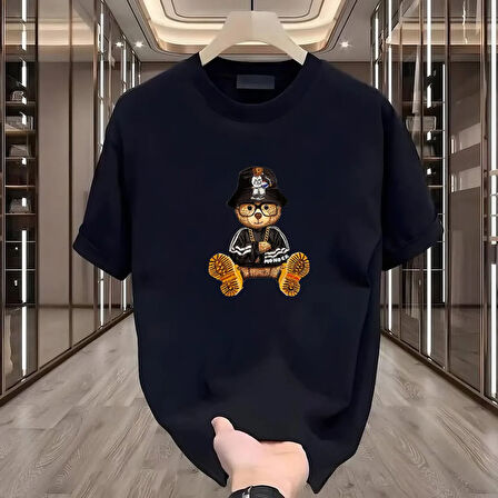 Bear Baskılı Siyah Oversize Erkek Tshirt