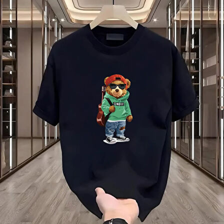 Gitarlı Ayı Baskılı Siyah Oversize Erkek Tshirt