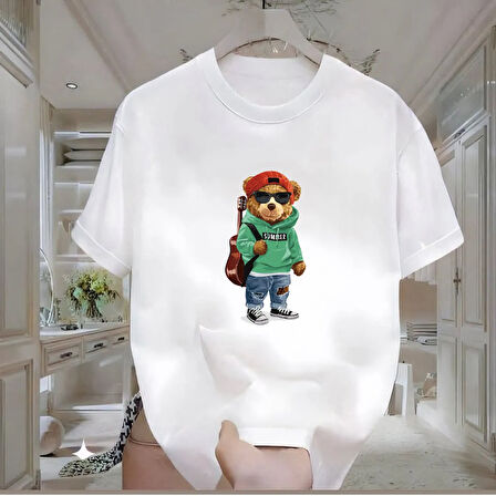 Gitarlı Ayı Baskılı Beyaz Oversize Erkek Tshirt