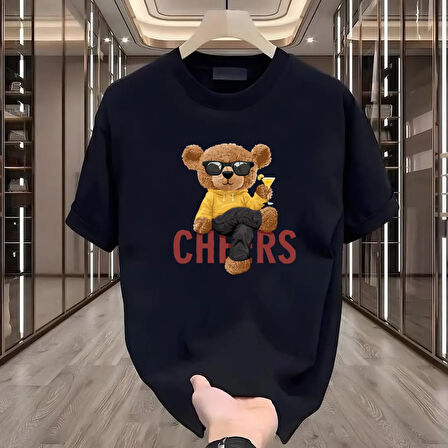 Cheers Bear Baskılı Siyah Oversize Erkek Tshirt