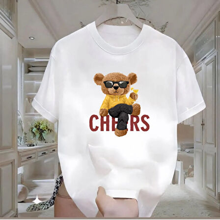Cheers Bear Baskılı Beyaz Oversize Erkek Tshirt