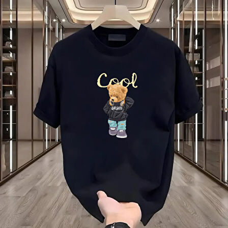 Cool Bear Baskılı Siyah Oversize Erkek Tshirt