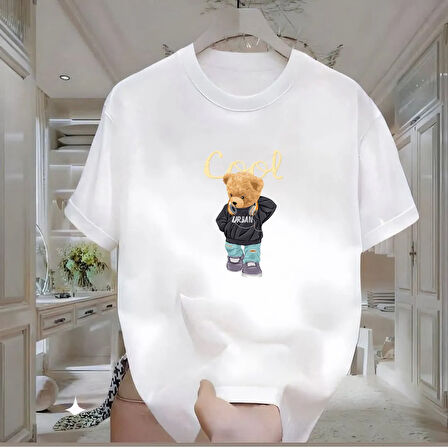 Cool Bear Baskılı Beyaz Oversize Erkek Tshirt