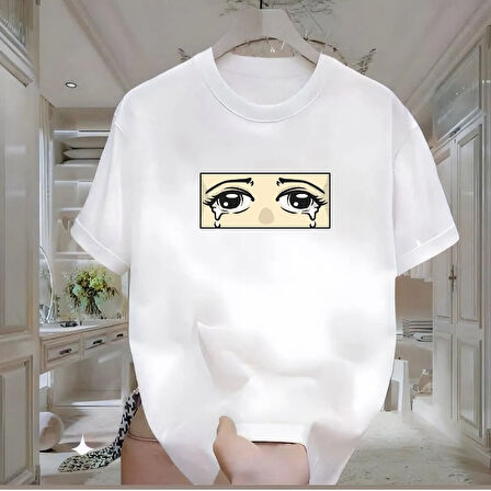 Ağlayan Göz Baskılı Beyaz Oversize Erkek Tshirt