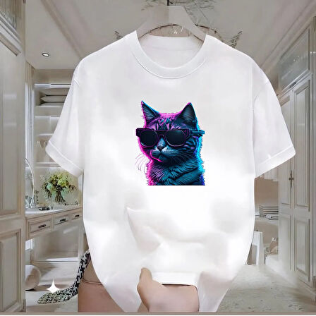 Mor Kedi Baskılı Beyaz Oversize Erkek Tshirt