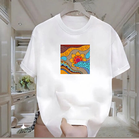 Ayçiçek Baskılı Beyaz Oversize Erkek Tshirt