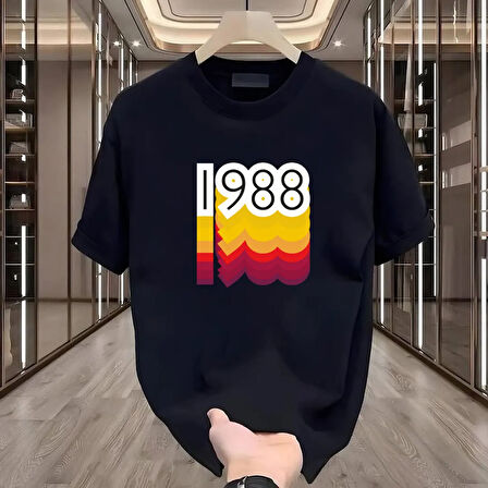 1988 Baskılı Siyah Oversize Erkek Tshirt