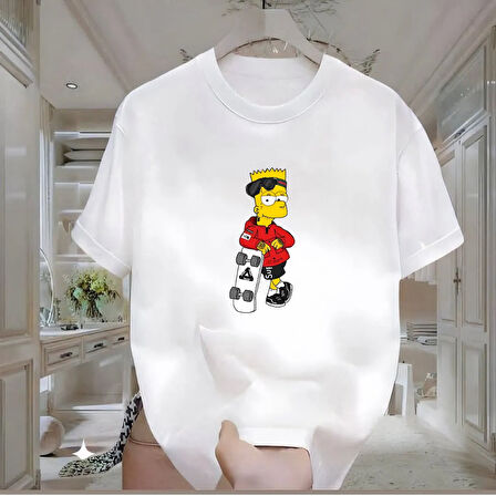 Simpson Baskılı Beyaz Oversize Erkek Tshirt