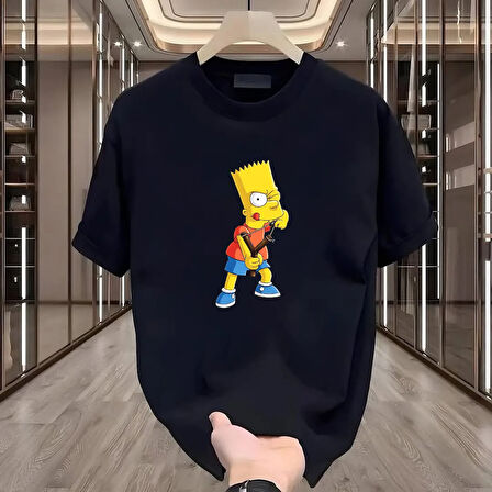 Bart Baskılı Siyah Oversize Erkek Tshirt