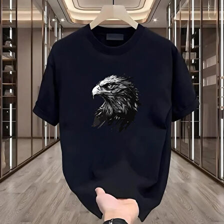Kartal Baskılı Siyah Oversize Erkek Tshirt