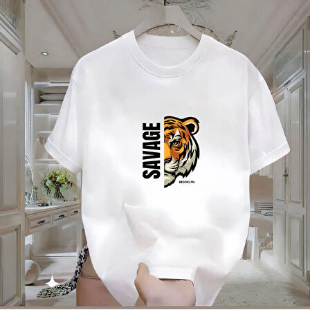 Savage Baskılı Beyaz Oversize Erkek Tshirt