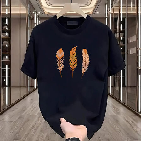 3 Leaf Baskılı Siyah Oversize Erkek Tshirt