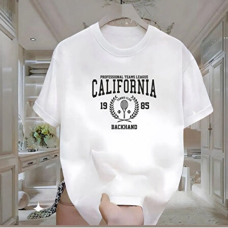 California Baskılı Beyaz Oversize Erkek Tshirt