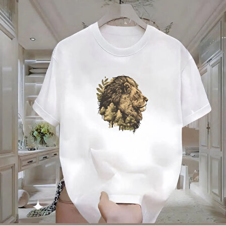 Aslan Baskılı Beyaz Oversize Erkek Tshirt