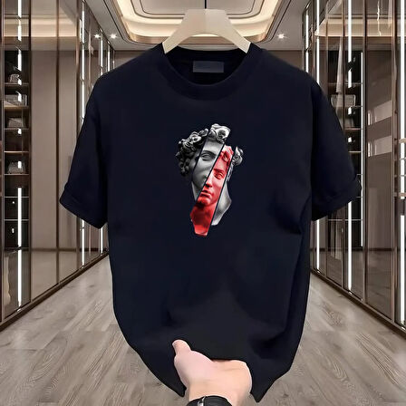 Heykel Baskılı Siyah Oversize Erkek Tshirt