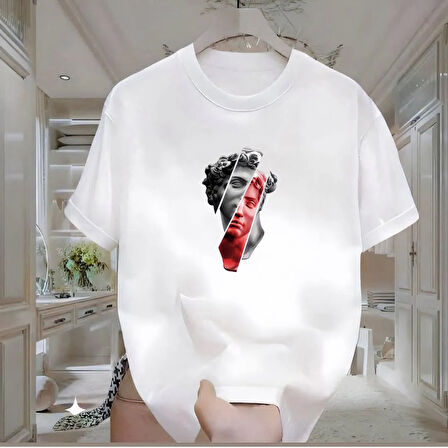 Heykel Baskılı Beyaz Oversize Erkek Tshirt