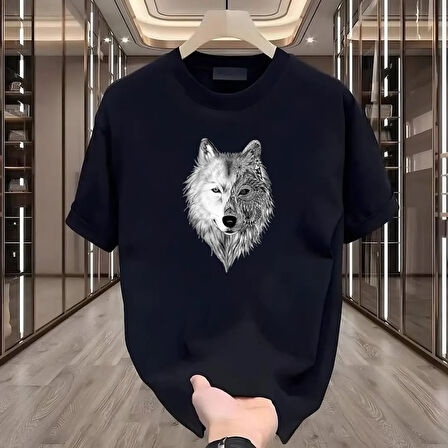 Kurt Baskılı Siyah Oversize Erkek Tshirt