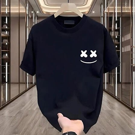 Smile Baskılı Siyah Oversize Erkek Tshirt