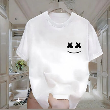 Smile Baskılı Beyaz Oversize Erkek Tshirt