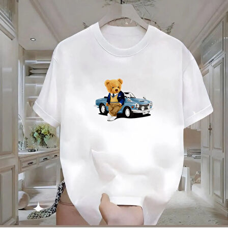 Car Bear Baskılı Beyaz Oversize Erkek Tshirt