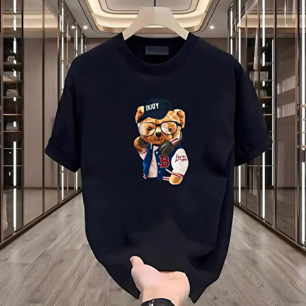Enjoy Bear Baskılı Siyah Oversize Erkek Tshirt