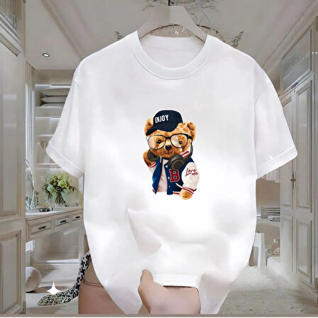 Enjoy Bear Baskılı Beyaz Oversize Erkek Tshirt