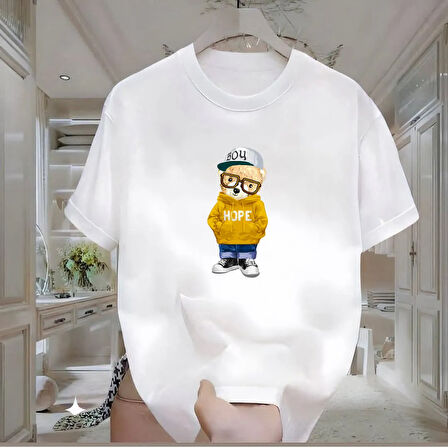 Hope Bear Baskılı Beyaz Oversize Erkek Tshirt