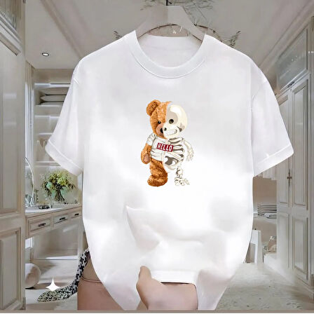 Skeleton Bear Baskılı Beyaz Oversize Erkek Tshirt