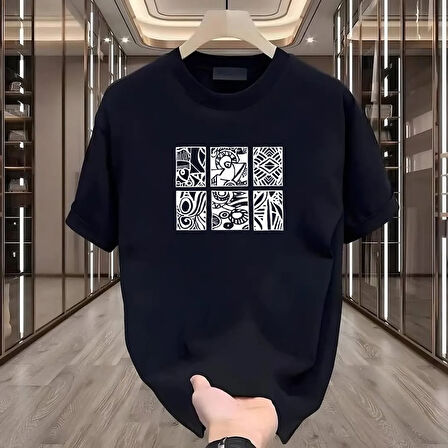 Etnik Desen Baskılı Siyah Oversize Erkek Tshirt