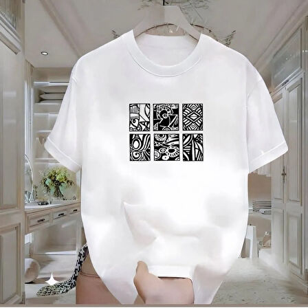 Etnik Desen Baskılı Beyaz Oversize Erkek Tshirt