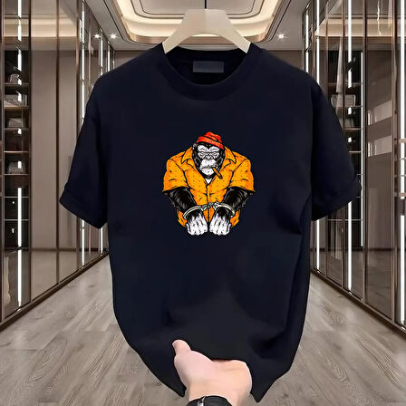 Goril Baskılı Siyah Oversize Erkek Tshirt