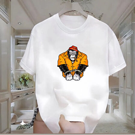 Goril Baskılı Beyaz Oversize Erkek Tshirt