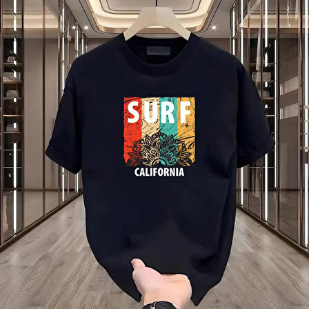 Surf California Baskılı Siyah Oversize Erkek Tshirt