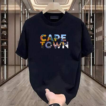 Cape Town Baskılı Siyah Oversize Erkek Tshirt