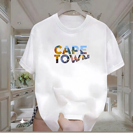 Cape Town Baskılı Beyaz Oversize Erkek Tshirt