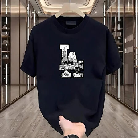 La Baskılı Siyah Oversize Erkek Tshirt