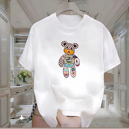 Mind Bear Baskılı Beyaz Oversize Erkek Tshirt