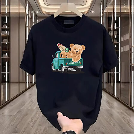 Surf Bear Baskılı Siyah Oversize Erkek Tshirt