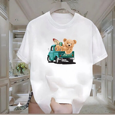 Surf Bear Baskılı Beyaz Oversize Erkek Tshirt